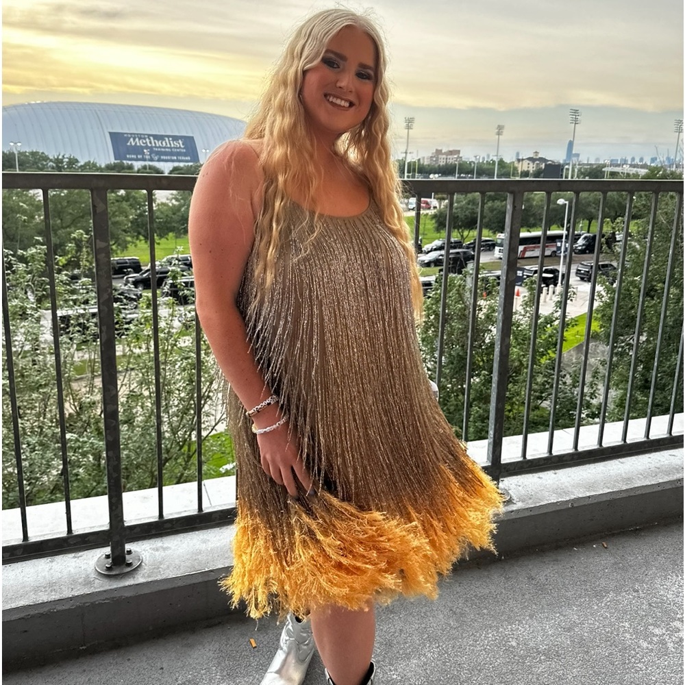 ASOS beaded fringe gold shift dress Taylor Swift Eras Tour